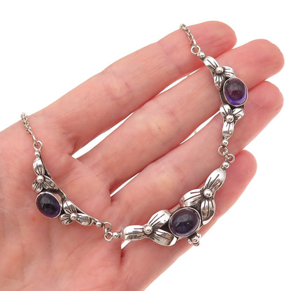 925 Sterling Silver Vintage Real Amethyst Floral Cable Chain Necklace 18"