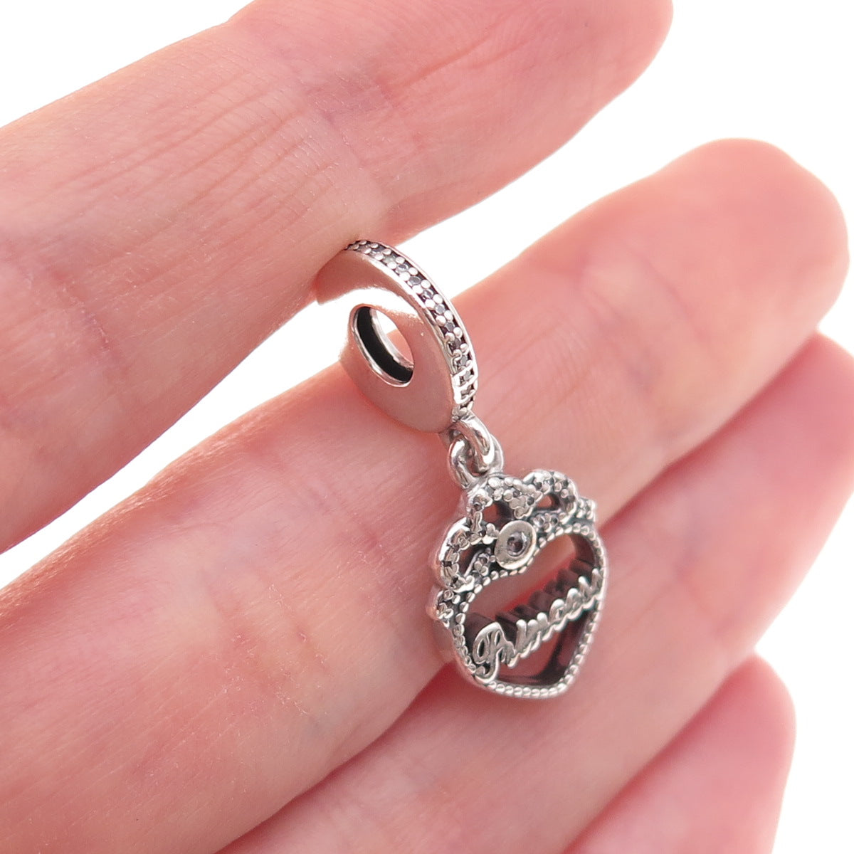 Pandora 925 Sterling Silver Round-Cut C Z Princess Crown Heart Dangle Charm