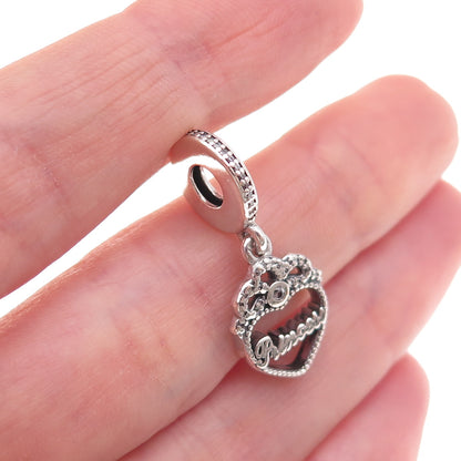 Pandora 925 Sterling Silver Round-Cut C Z Princess Crown Heart Dangle Charm