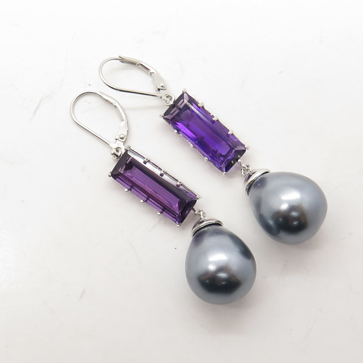 925 Sterling Silver Real Amethyst Gemstone & Faux Gray Pearl Dangling Earrings