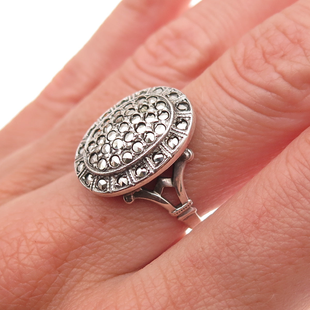 Theda Sterling Antique Art Deco Marcasite Oxidized Ring Size 6.5 (missing stone)