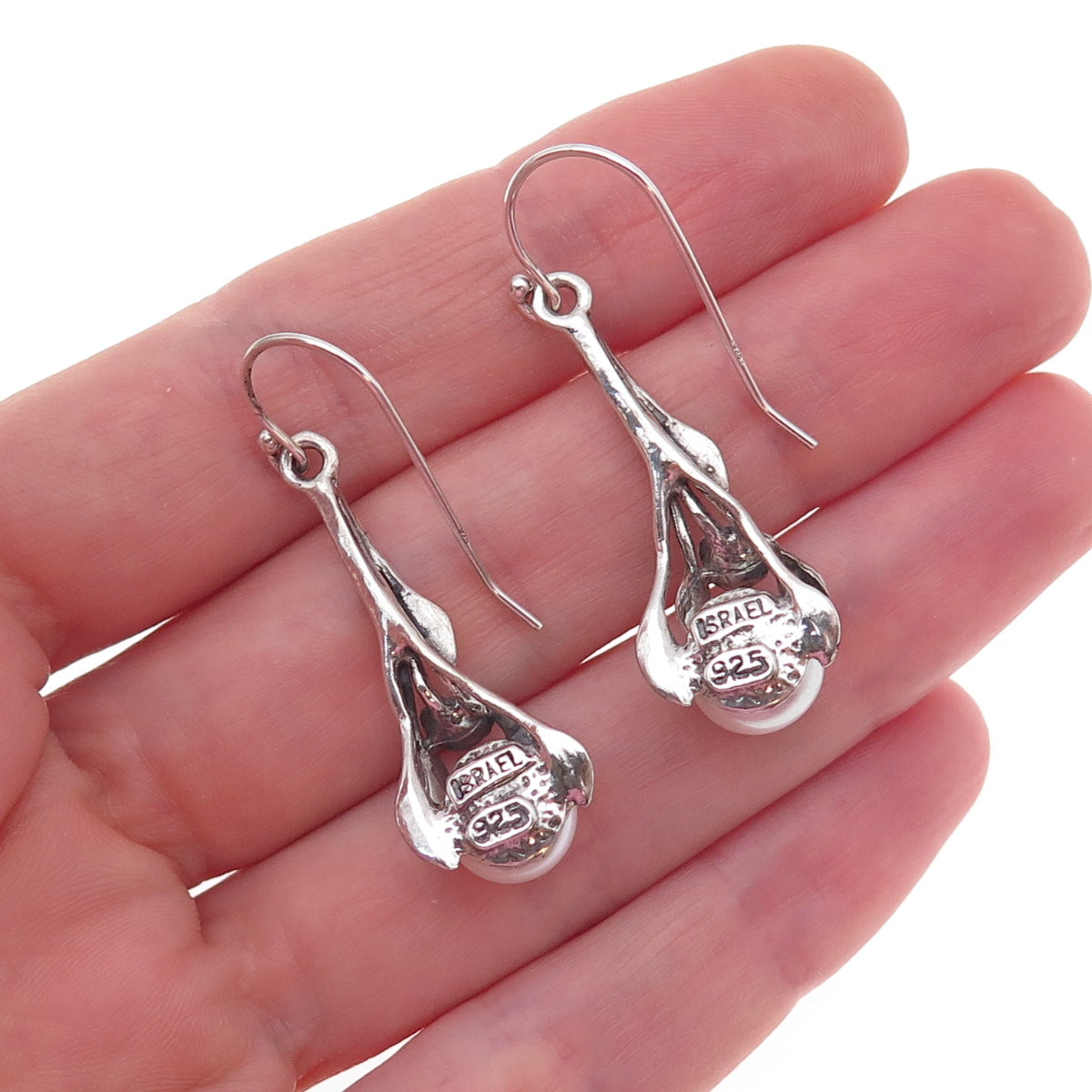 925 Sterling Silver Vintage Israel Real Pearl Floral Oxidized Dangle Earrings