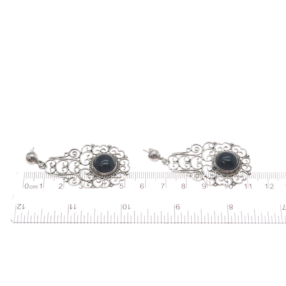 925 Sterling Silver Vintage Real Black Onyx Ornate Oxidized Dangle Earrings