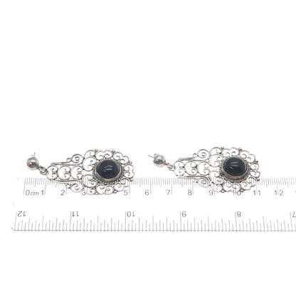 925 Sterling Silver Vintage Real Black Onyx Ornate Oxidized Dangle Earrings