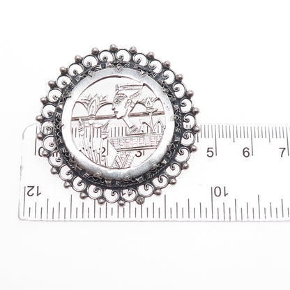 800 Silver Vintage Egypt Storyteller Pharaoh Oxidized Pin Brooch