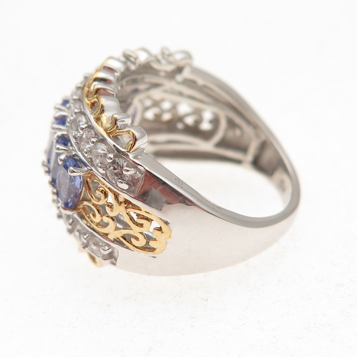 Chuck Clemency 925 Sterling Silver 2-Tone Real Tanzanite White Topaz Ring Size 8
