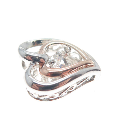 SAI 925 Sterling Silver 2-Tone Round-Cut Shaped C Z Double Heart Slide Pendant