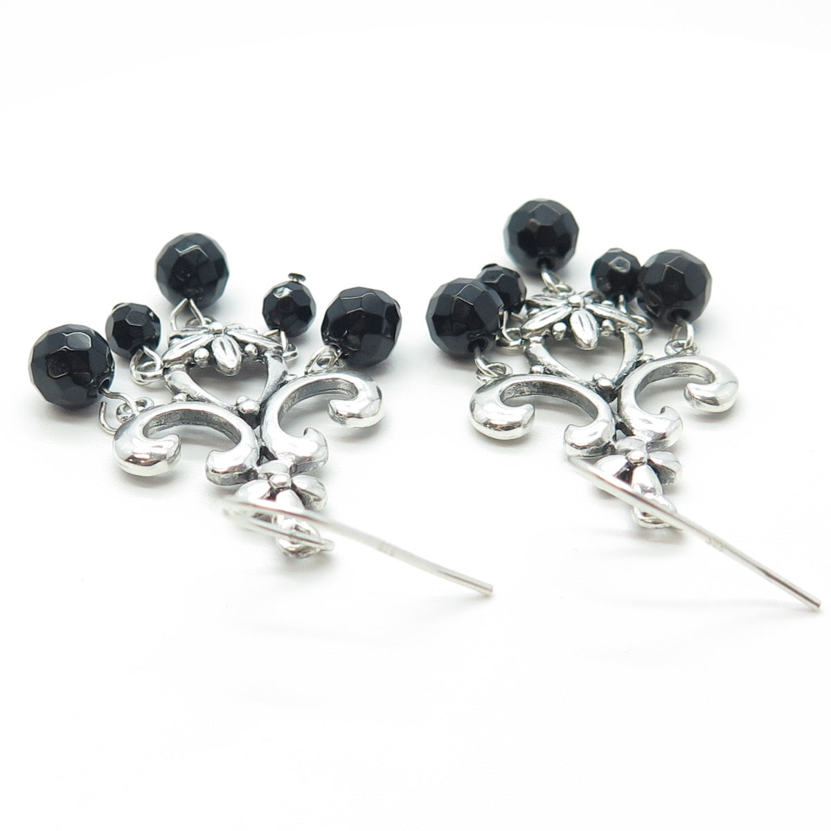 925 Sterling Silver Vintage Real Black Onyx Gemstone Ornate Dangling Earrings