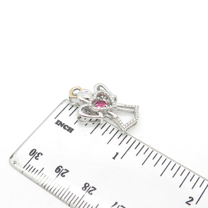 925 Sterling Silver 2-Tone SUN Real Diamond Accent & Lab Sapphire Angel Pendant