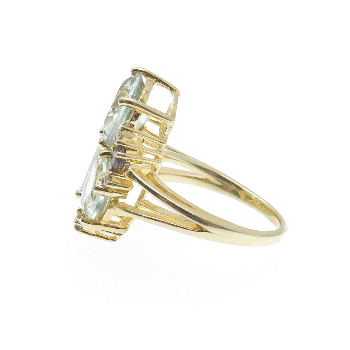 DSMK 925 Sterling Gold Plated Diamond Green Amethyst & Tanzanite Ring Size 7.75
