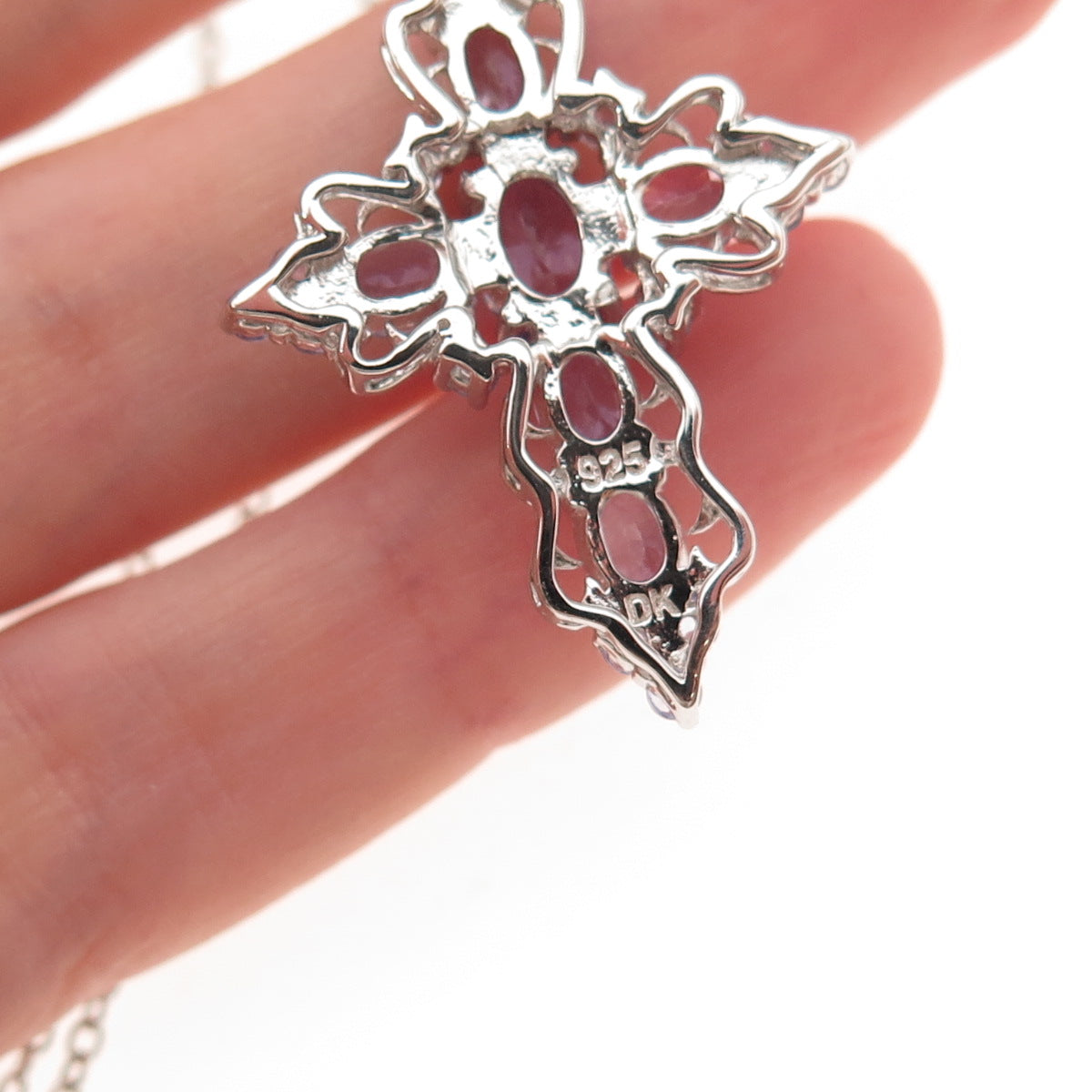 925 Sterling Silver Real Tanzanite Ornate Cross Cable Chain Necklace 22"