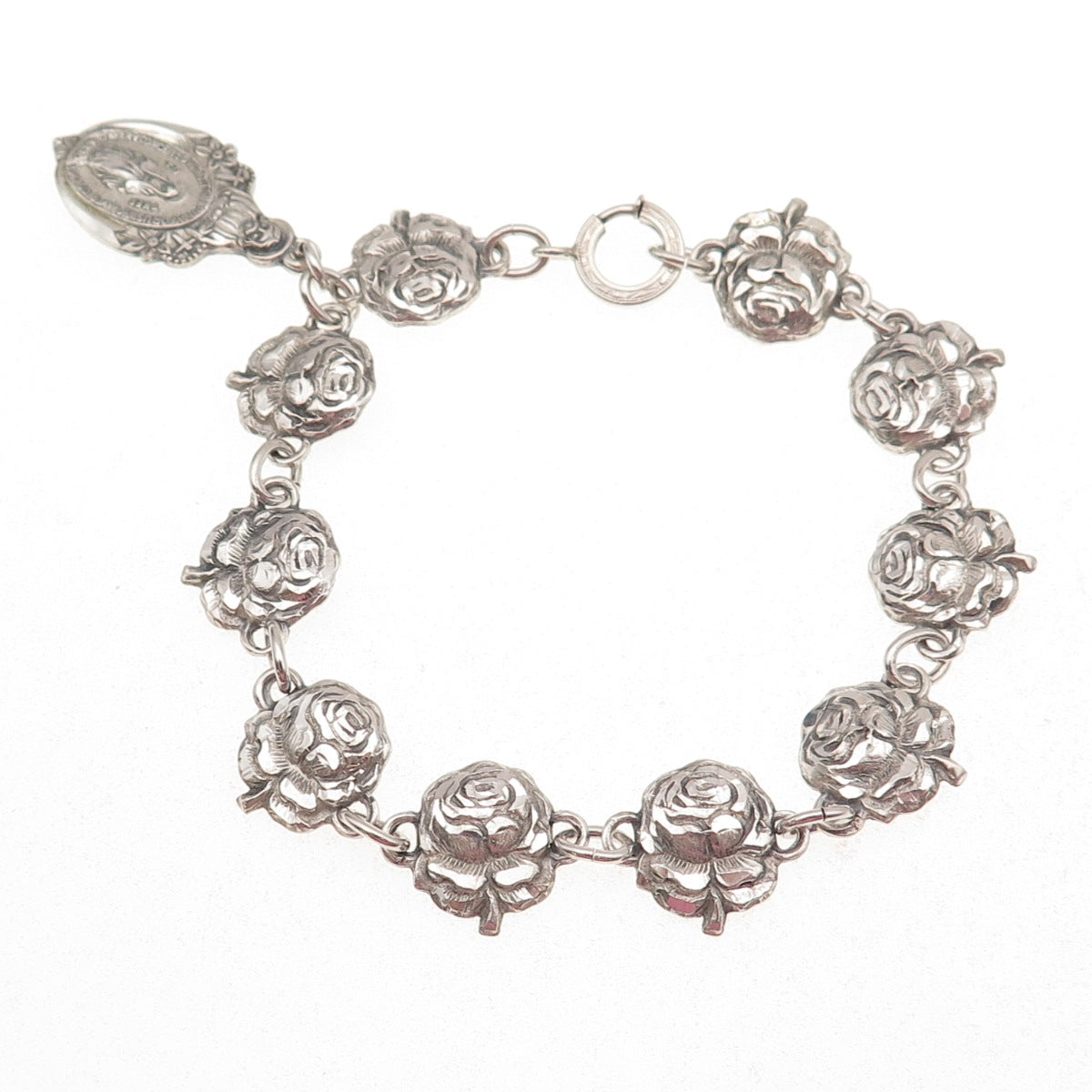 Creed 925 Sterling Silver Antique Art Deco St. Mary Rose Charm Bracelet 6.75"