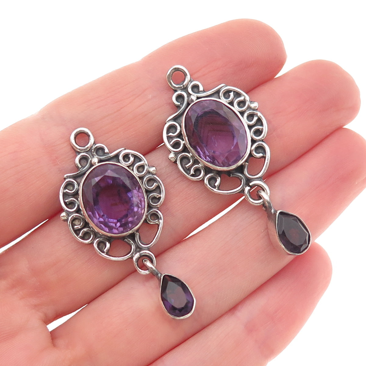 925 Sterling Silver Vintage Real Amethyst Swirl Oxidized Jacket Earrings