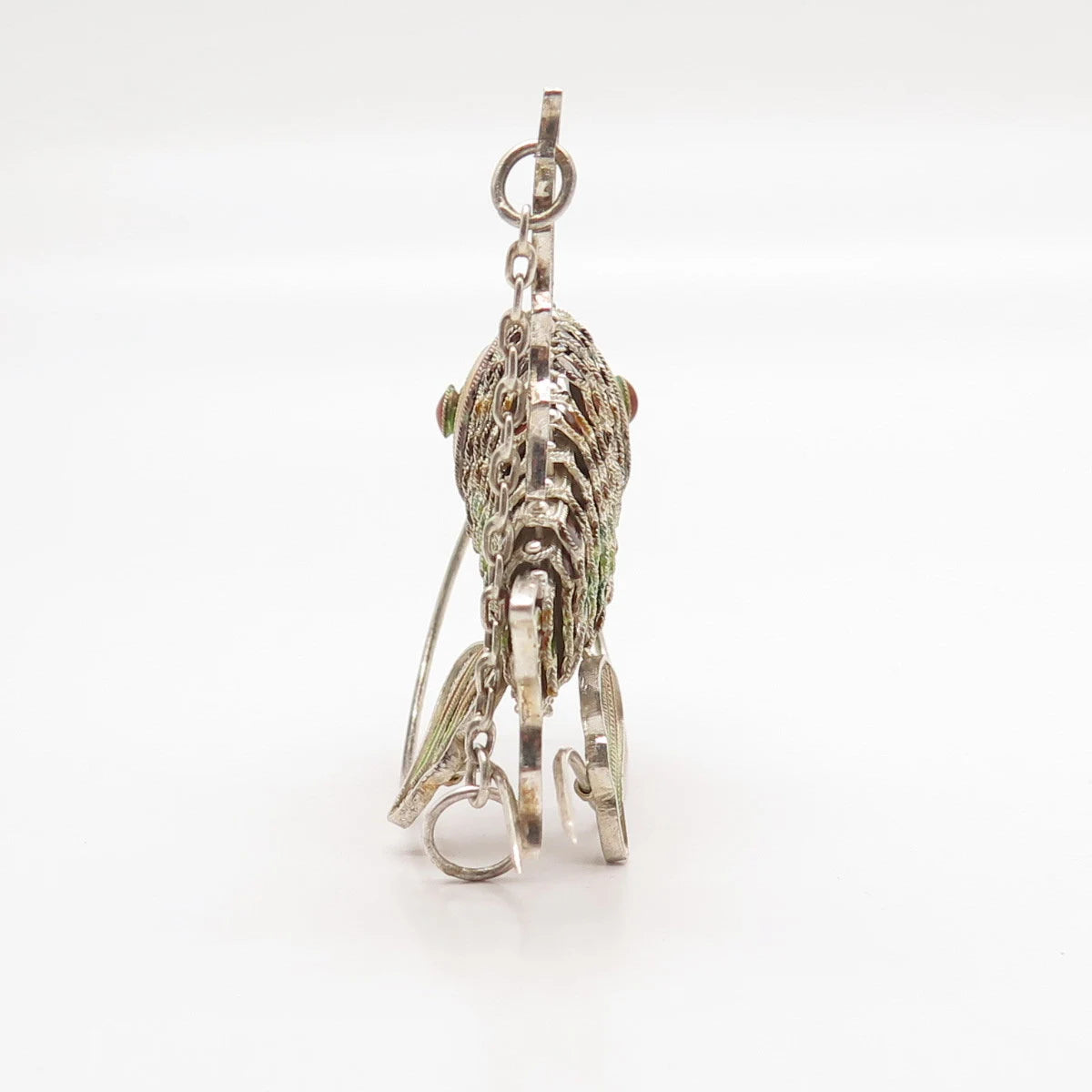 925 Sterling Silver Antique Enamel Articulated Chinese Koi Fish Chatelaine Fob