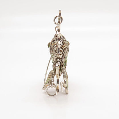 925 Sterling Silver Antique Enamel Articulated Chinese Koi Fish Chatelaine Fob