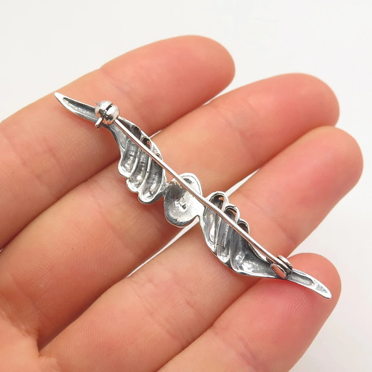 925 Sterling Silver Vintage Real Black Onyx Gemstone Ribbed Pin Brooch