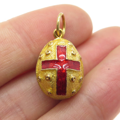 925 Sterling Silver Gold Plated Vintage Enamel Easter Egg Red Cross Pendant