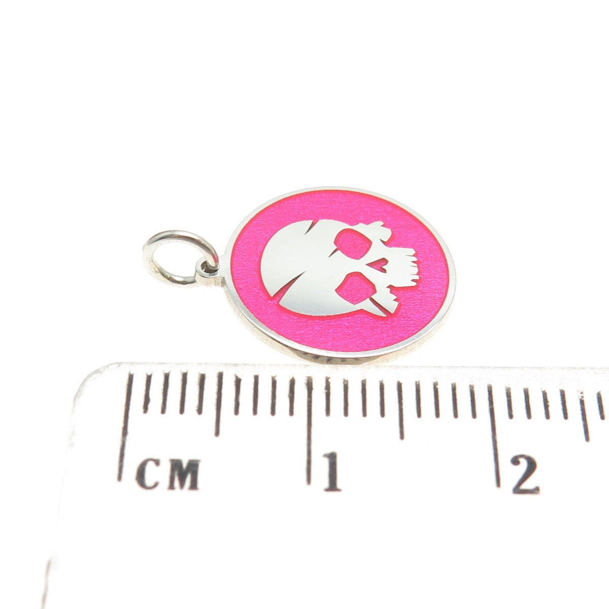 925 Sterling Silver Pink Enamel Skull Round Tag Minimalist Charm Pendant