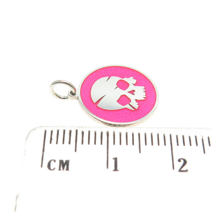 925 Sterling Silver Pink Enamel Skull Round Tag Minimalist Charm Pendant