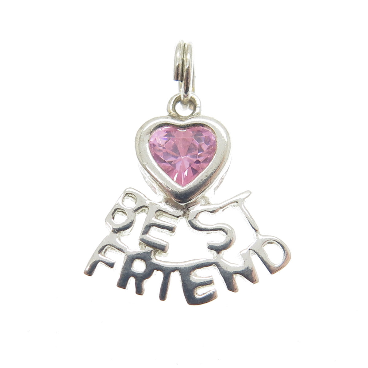 925 Sterling Silver Vintage Pink Heart-Cut Shaped C Z "Best Friend" Pendant