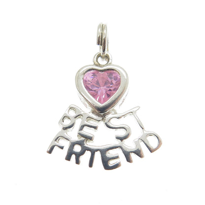 925 Sterling Silver Vintage Pink Heart-Cut Shaped C Z "Best Friend" Pendant