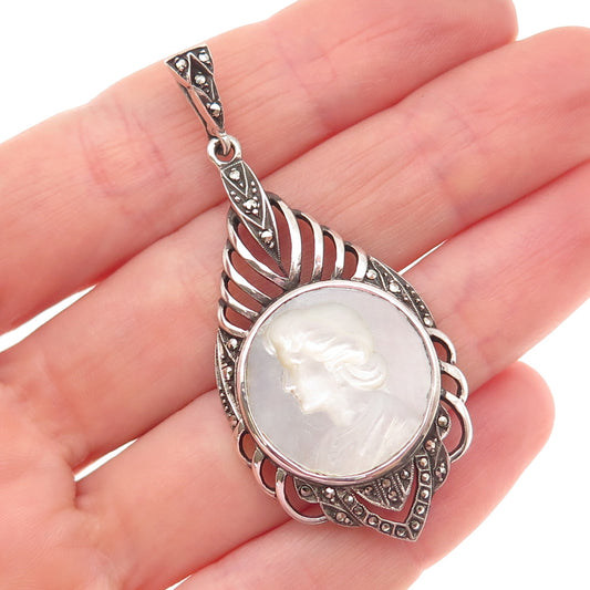 835 Silver Vintage European Real MOP & Marcasite Lady Cameo Oxidized Pendant