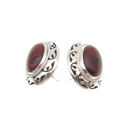 925 Sterling Silver Vintage CII Mexico Real Red Jasper Modernist Floral Earrings
