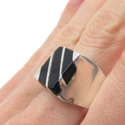 925 Sterling Silver Vintage Mexico Real Black Onyx Modernist Ring Size 11.75