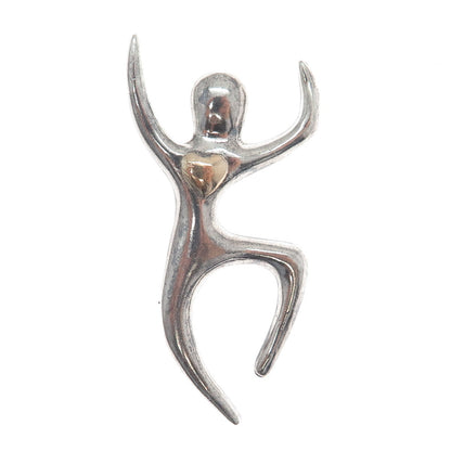 925 Sterling Silver & Gold Vintage Love to Dance Heart Modernist Pin Brooch