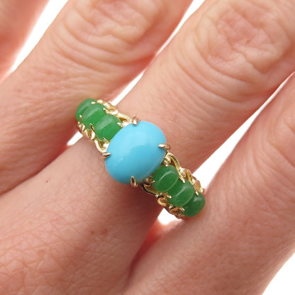 925 Sterling Silver Gold Plated Real Turquoise & Aventurine Ring Size 8.25