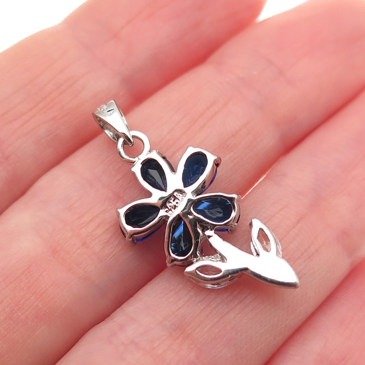 925 Sterling Silver Lab-Created Sapphire & C Z Flower Charm Pendant