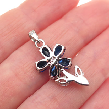 925 Sterling Silver Lab-Created Sapphire & C Z Flower Charm Pendant