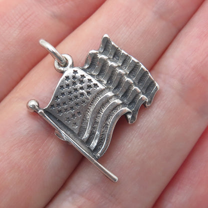 SUNWEST 925 Sterling Silver Vintage US Flag Oxidized Minimalist Charm Pendant