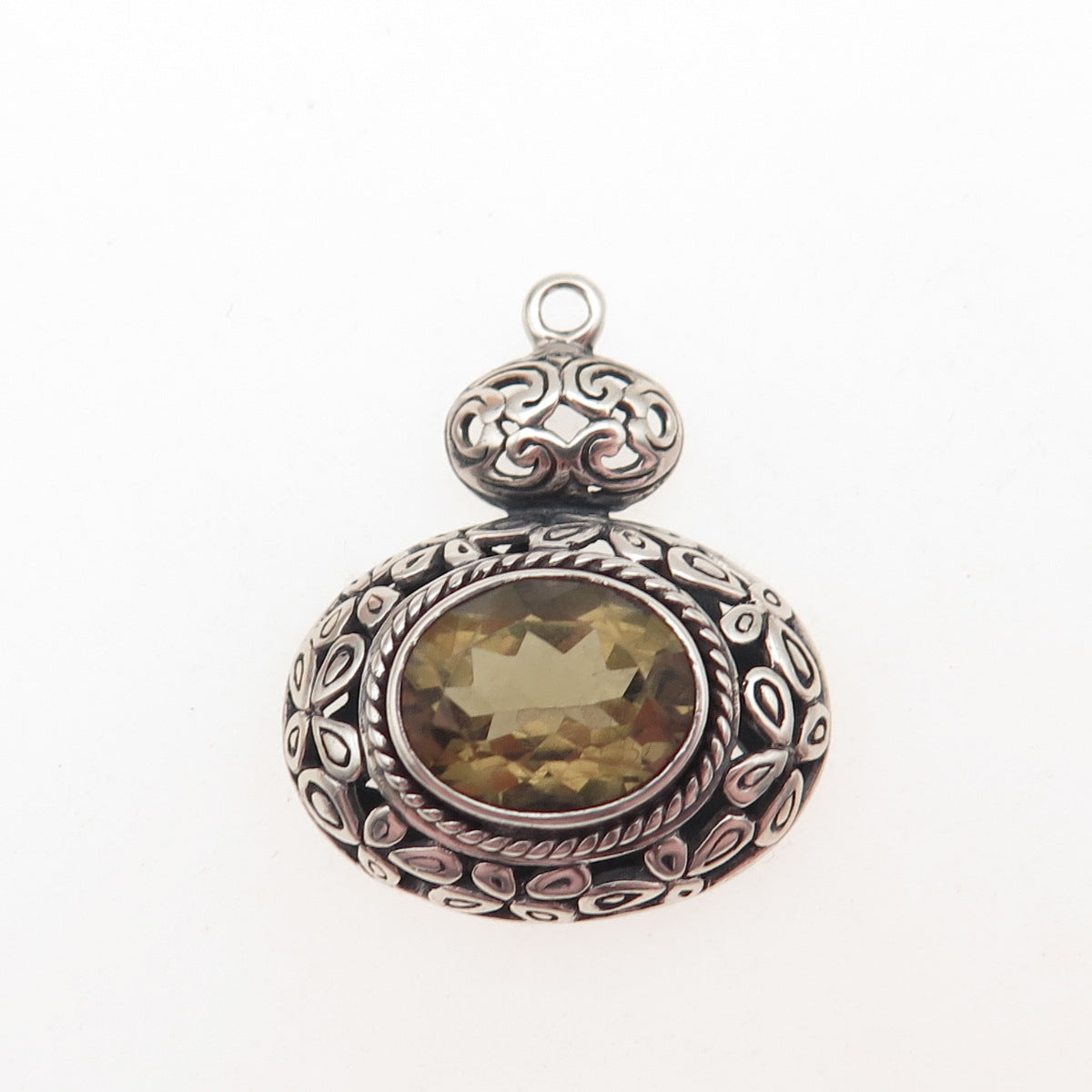 925 Sterling Silver Vintage Real Smoky Quartz Floral Scroll Oxidized Pendant