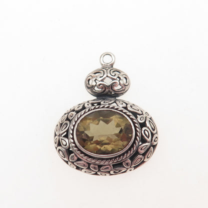 925 Sterling Silver Vintage Real Smoky Quartz Floral Scroll Oxidized Pendant
