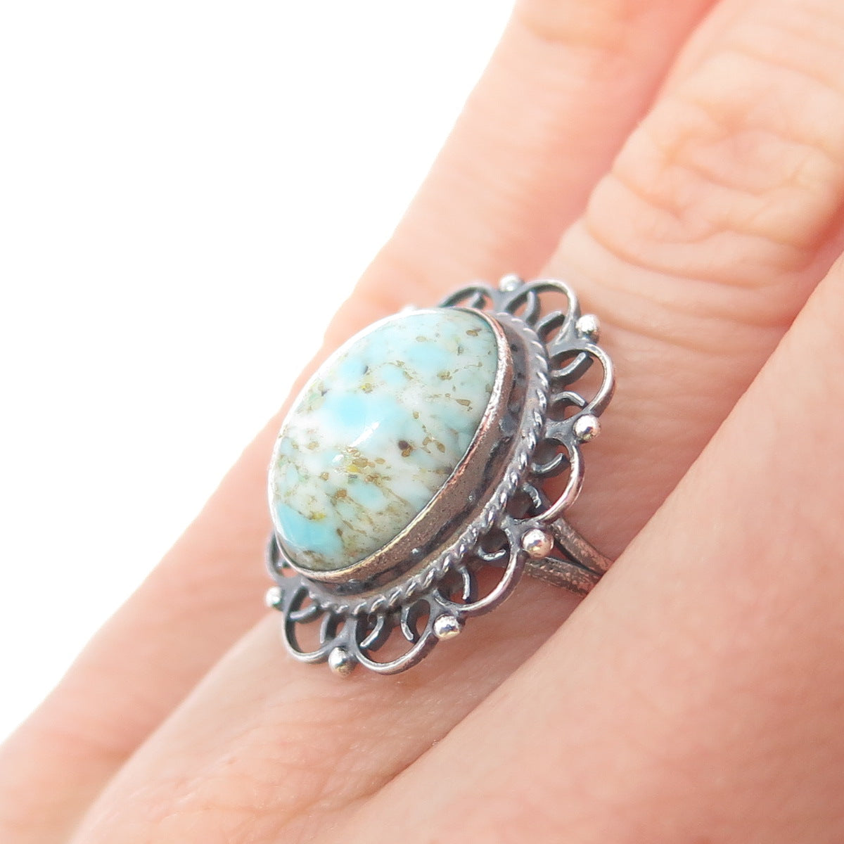 925 Sterling Silver Vintage Faux Turquoise Flower Oxidized Ring Size 5.5