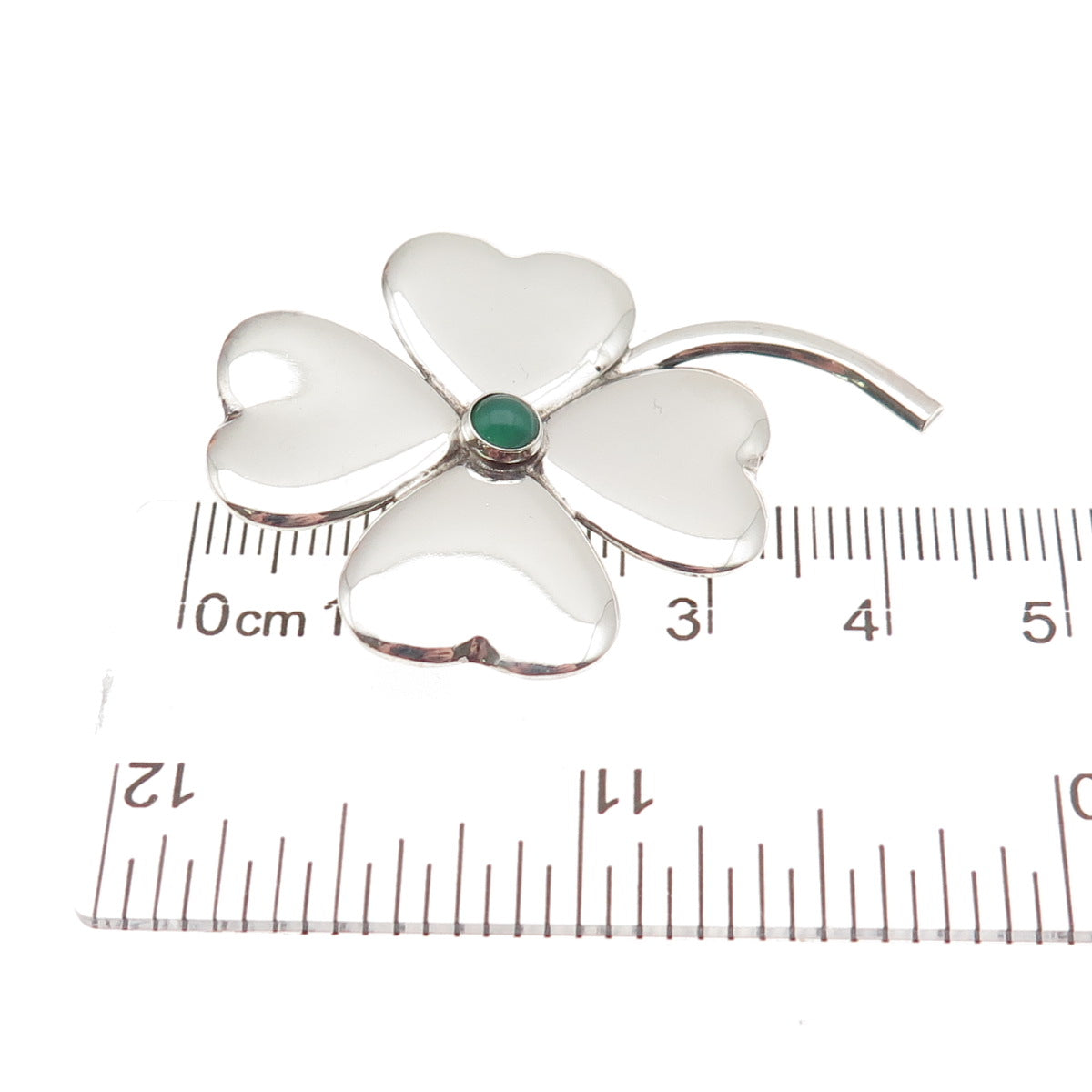 925 Sterling Silver Vintage Real Green Onyx Clover Good Luck Pin Brooch