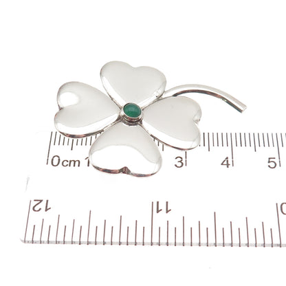 925 Sterling Silver Vintage Real Green Onyx Clover Good Luck Pin Brooch
