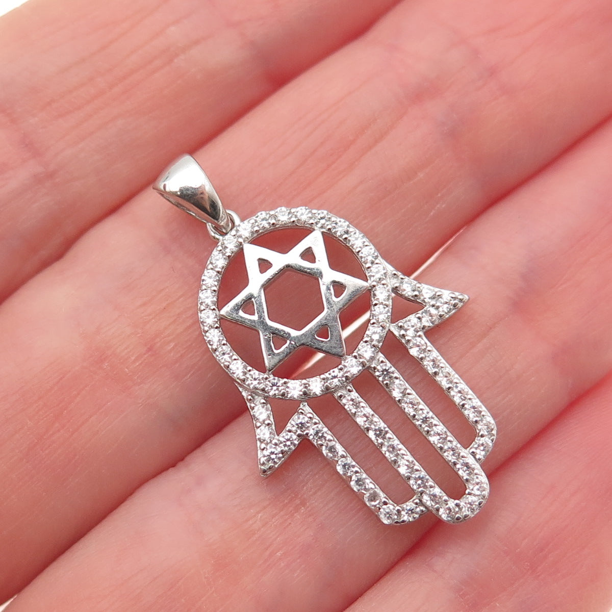 925 Sterling Silver Round-Cut C Z Star of David Hamsa Amulet Charm Pendant