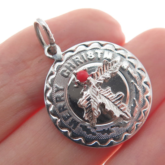 ELCO 925 Sterling Silver Vintage Real Coral Merry Christmas Charm Pendant