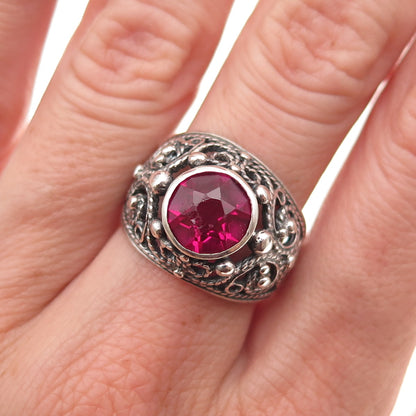 875 Silver Vintage Lab-Created Ruby Swirl Oxidized Ring Size 7.5