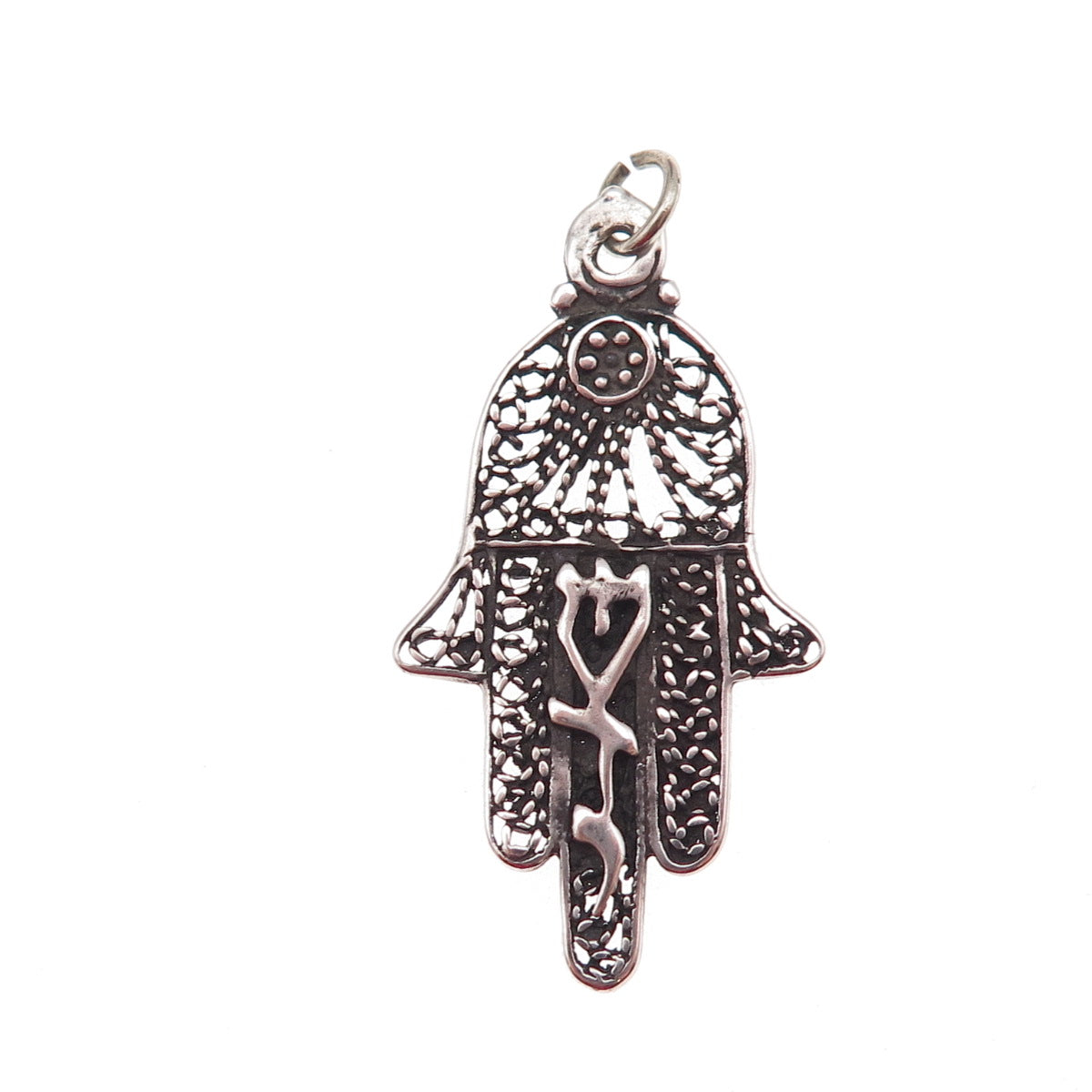 925 Sterling Silver Vintage Israel Hamsa Amulet Filigree Charm Pendant