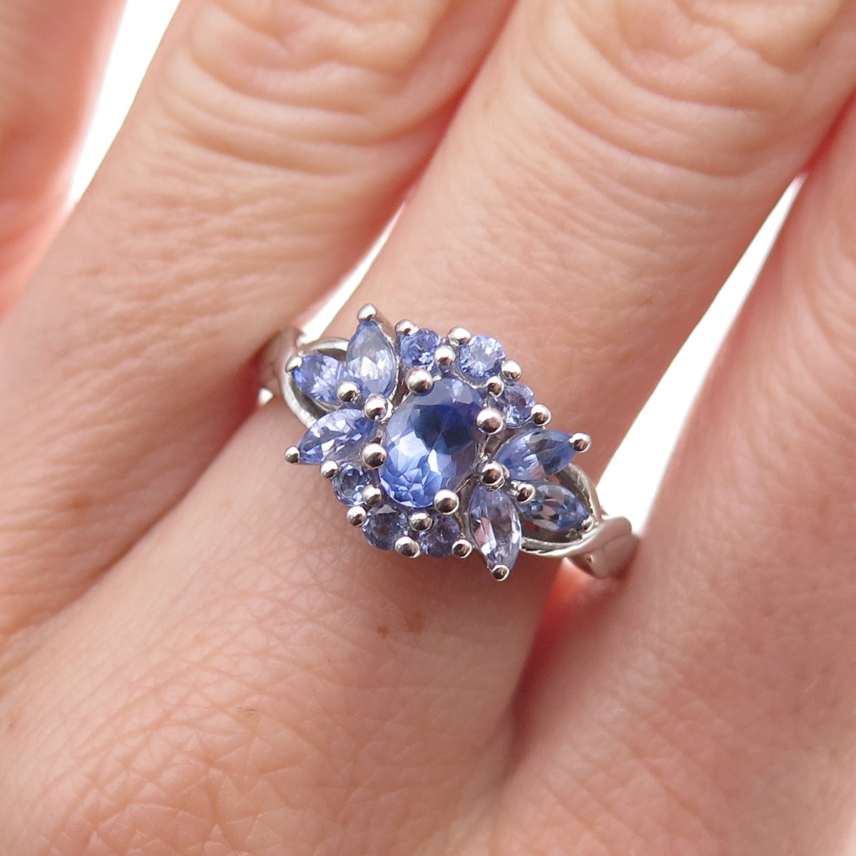 Chuck Clemency 925 Sterling Silver Real Multi-Cut Tanzanite Floral Ring Size 8