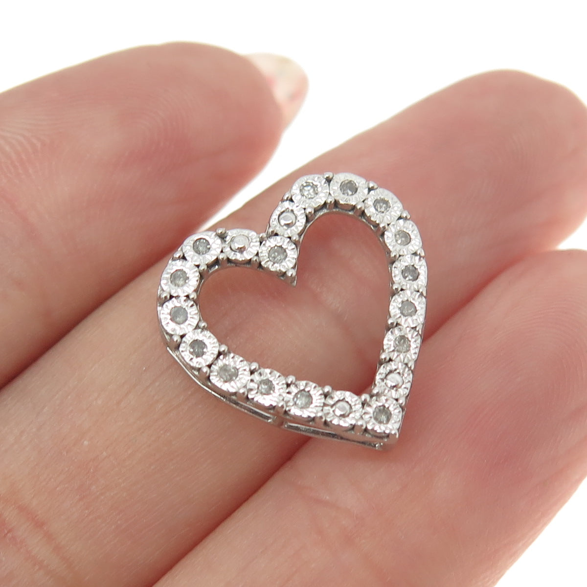 925 Sterling Silver Real Round-Cut Diamond Open Heart Slide Pendant