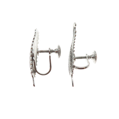 925 Sterling Silver Antique Art Deco Feather Oxidized Screw Back Earrings