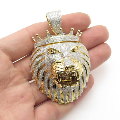 925 Sterling Silver Gold Plated Pave C Z King Lion Pendant