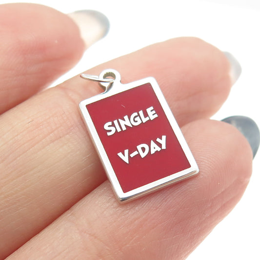 925 Sterling Silver Red Enamel "Single V-Day" Minimalist Charm Pendant