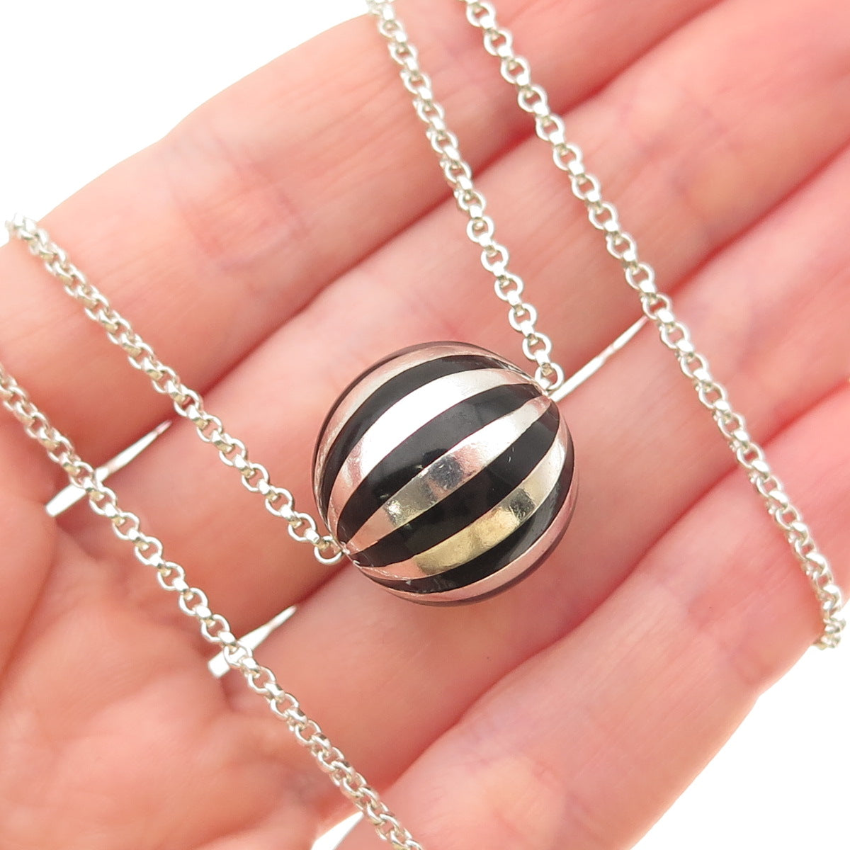 925 Sterling Silver Vintage Enamel Slide Ball Rolo Chain Necklace 24"