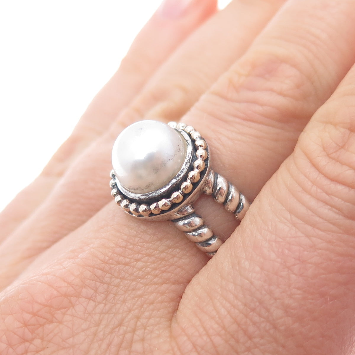 925 Sterling 14K Gold Vintage ATR Real Pearl Beaded Crisscross Ring Size 7.25