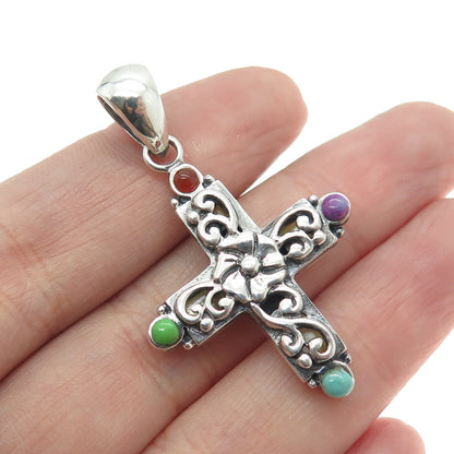 925 Sterling Silver Vintage Mother-of-Pearl & Multi-Gem Cross Dual Sided Pendant